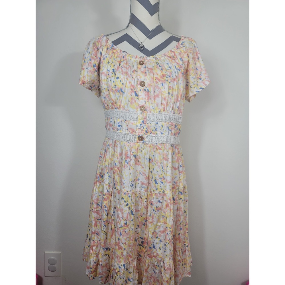 Japna Floral Abstract Dress Sz L Juniors Smocked Off The Shoulder Multicolor